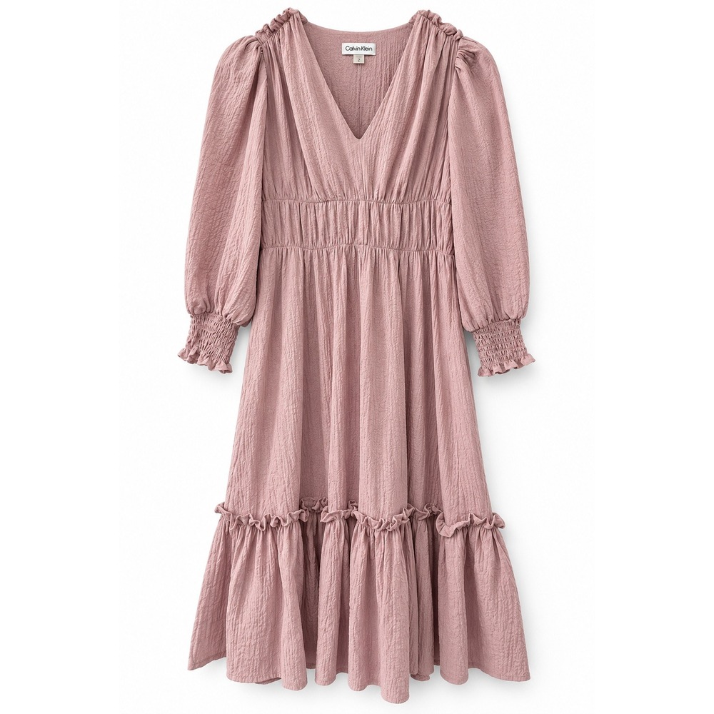 Calvin Klein Pink Textured Ruffle Midi Dress Size 2 Smocked Waist Puff Sleeve